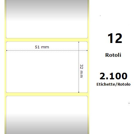 White 51x32mm2100 Et/Rotolo Z-1000D 2x1.3x1 Core 12 Rolls