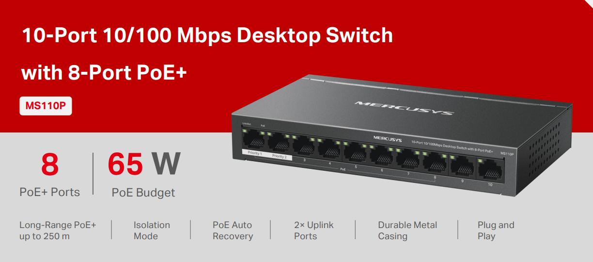 Switch Desktop 10 porte 10/100 PoE - Mercusys MS110P