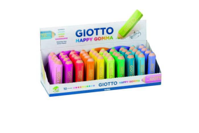 Giotto Happy Gomma Expositor di 40 gomme ERASER - Forma di Paziz - Per cancellare la grafite - 10 colori fluo