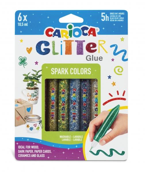 Base Colla Glitter Carioca Blister da 6 Tubi di Colla Colorata - Effetto Glitter - Applicazione Diretta - Asciuga in 30 Minuti