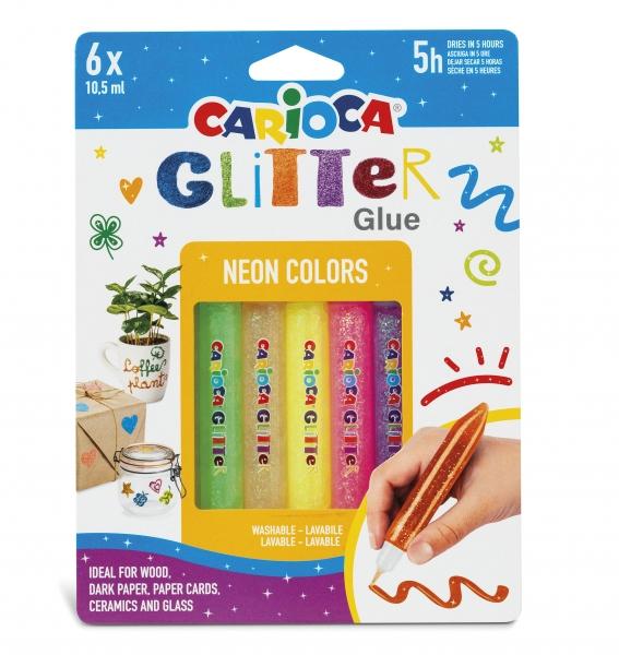 Carioca Glitter Glue Fluo Blister 6 Tubetti Colla Colorata - per Decorare con Effetto Glitter - Si Applica Direttamente sulla S