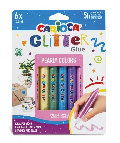 Carioca Glitter Glue Pearly Blister da 6 Tubetti di Colla Colorata - Effetto Glitter - Applicazione Diretta - Asciugatura in 30