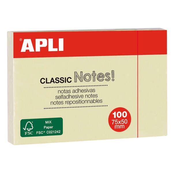 Blocco note Apli Classic Sticky Notes 75x50mm 100 fogli - Adesivo di qualità - Facile da staccare - Ideale per promemoria - Gi