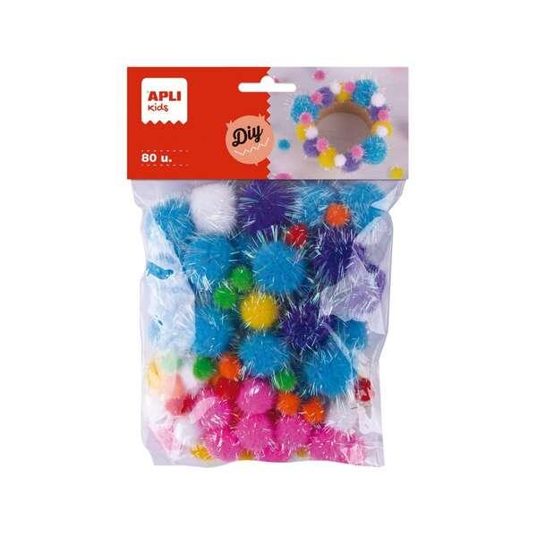 Apli Kids Borsa da 80 Pompon Glitter - Misure 10mm, 20mm, 25mm - Colori Assortiti