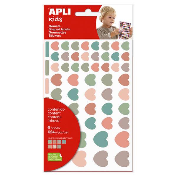 Apli Kids Busta da 624 Adesivi Cuore Nordik - Adesivo Removibile - Colori e Misure Assortiti