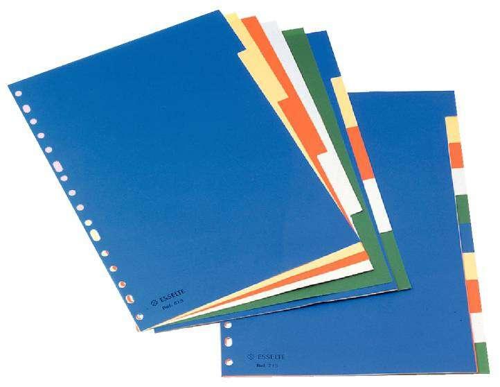 Esselte Divisori in plastica A4 5 schede 5 colori Bianco Nero Cartoncino - Materiale PP - Formato A4 - Multiforo - 5 schede 5 c