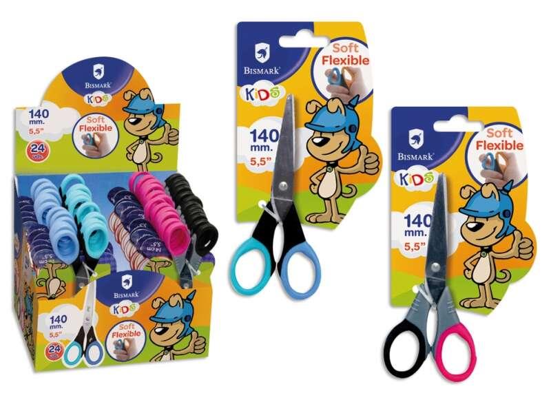 Espositore Bismark Soft Flex per bambini da 24 forbici per la scuola - Manici extra flessibili - Punta smussata - Acciaio inoss