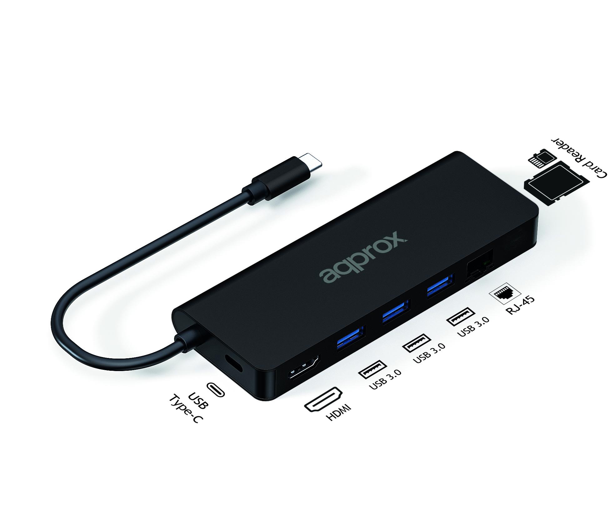 Circa 8 in 1 USB -C Hub -c con 3x USB -A 3.0 - 1x HDMI - 1x RJ -45 - 1x USB -c PD - Lettore microSD e lettore SD - cavo 18 cm