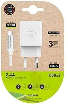 Caricatore a wall a doppia wall TechOnch + cavo USB-A a micro-USB 2.4 1 m-rivestito da Nylon Well