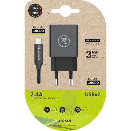 Caricatore a wall a doppia wall TechOnch + cavo USB-A a micro-USB 2.4 1 m-rivestito da Nylon Well