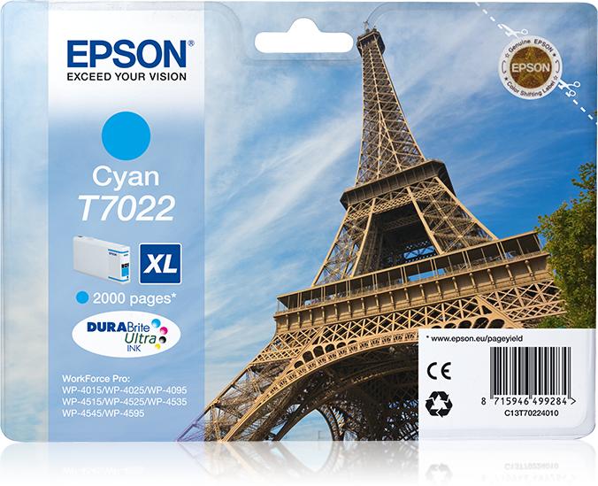 Materiale di consumo: Cartucce di inchiostro, DURABrite Ultra, T7022, Torre Eiffel, Confezione singola, 1 x 21 - C13T70224010