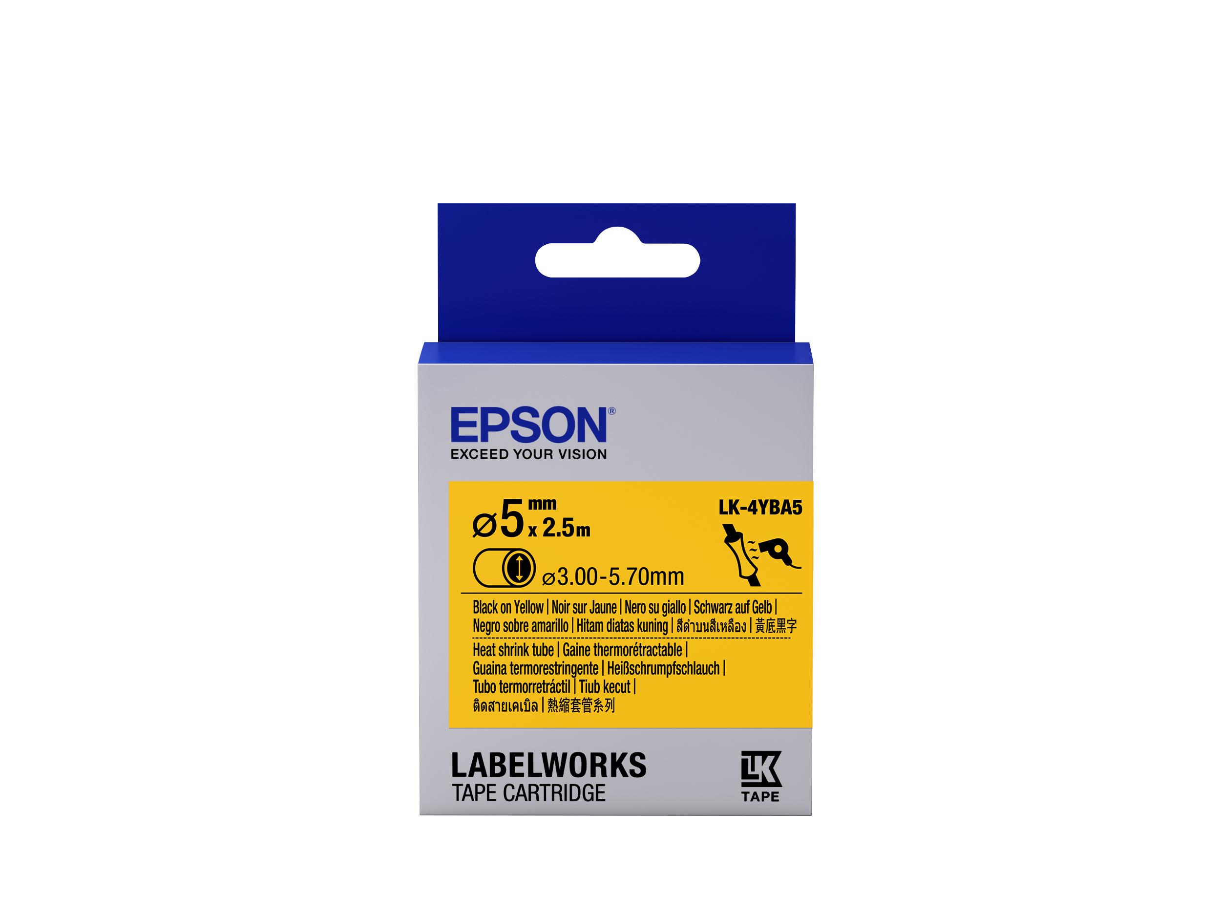 Epson Guaina Termorestringente Gialla per testo Nero, Heat Srink Tube D5mm/ 2,5 LK-4YBA5