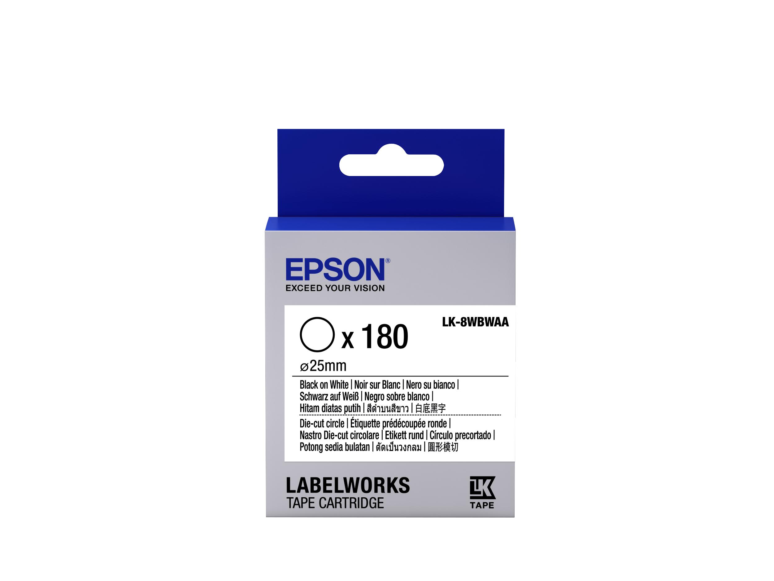 Epson Nastro fondo pretagliato circolare Bianco per testo Nero, Die-Cut D25mm/180 etichette LK-8WBWAA (TAPE - LK-8WBWAA D-CUT C