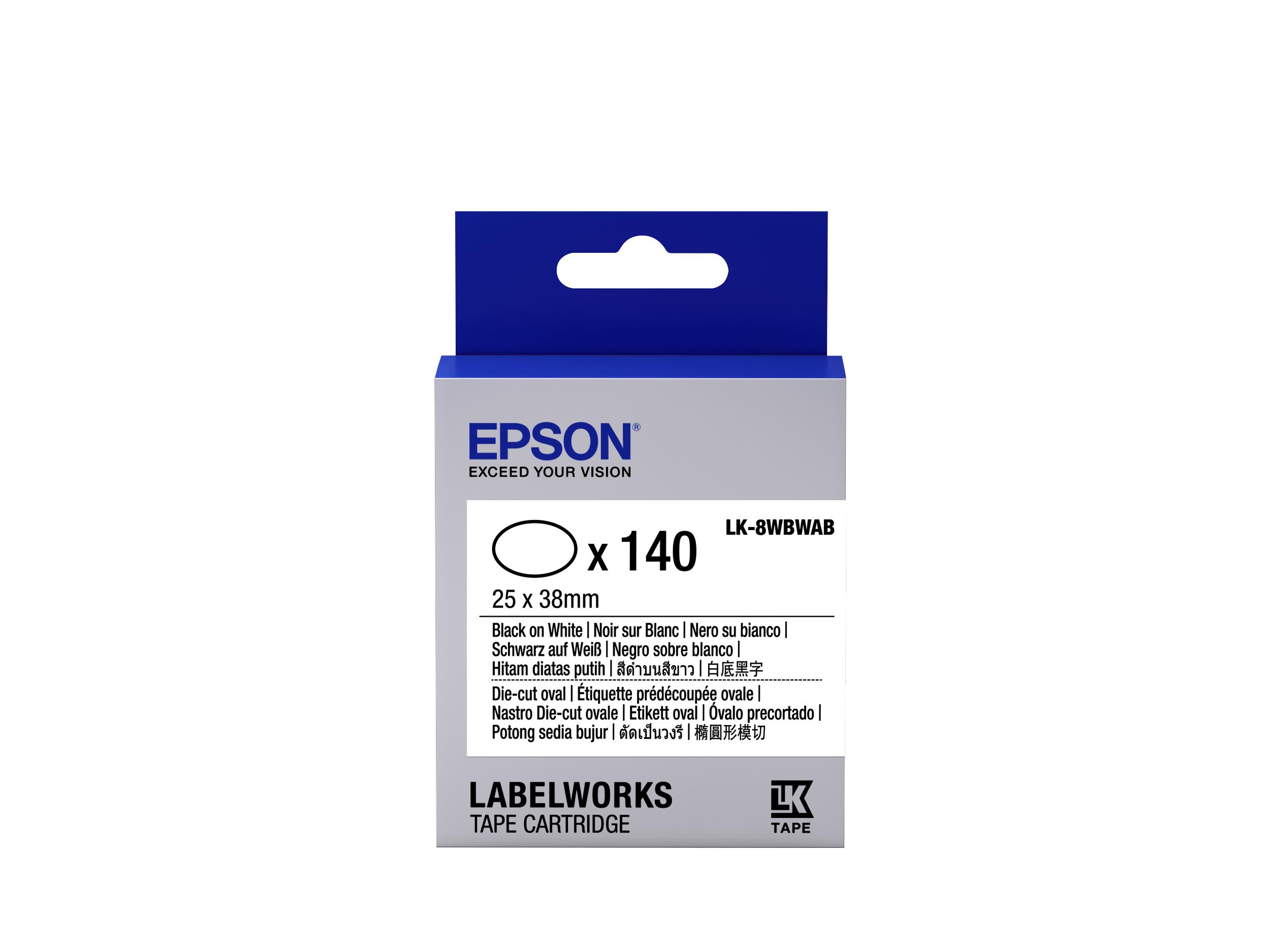 Epson Nastro fondo pretagliato ovale Bianco per testo Nero, Die-Cut 25x38mm/140 etichette LK-8WBWAB