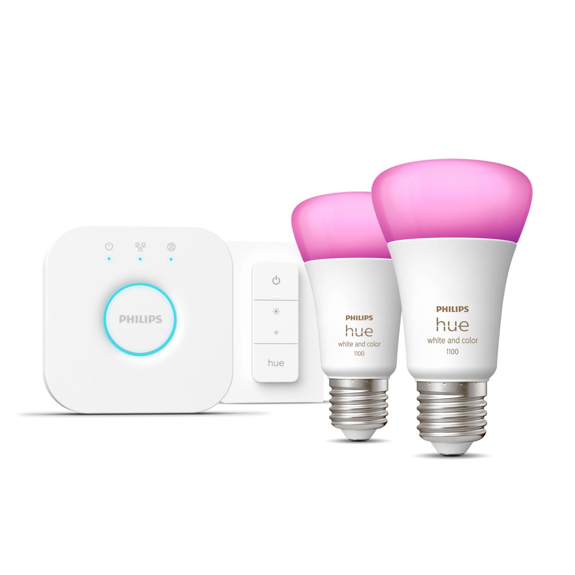 Philips Hue White and Color ambiance Starter Kit Bridge + 2 Lampadine Smart E27 75W+ Dimmer Switch