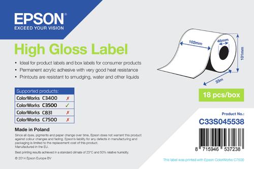 Epson High Gloss Label - Continuous Roll: 102mm x 33m (HIGH GLOSS LABEL - CONTINUOUS - 102MM X 33M)