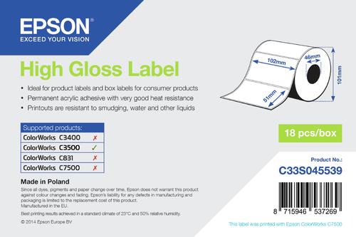 Epson High Gloss Label - Die-cut Roll: 102mm x 51mm, 610 labels (HIGH GLOSS LABEL - DIE-CUT - 102MM X 51MM 610 LABELS)