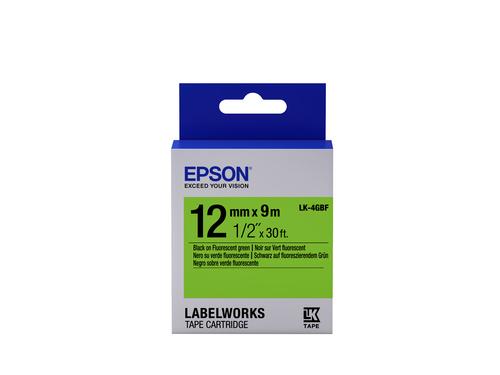 Epson Nastro fondo Fluorescente Verde per testo Nero 12/9 LK-4GBF (TAPE LK-4GBF FLUOR BLK-/GREEN - GREEN 12/9)