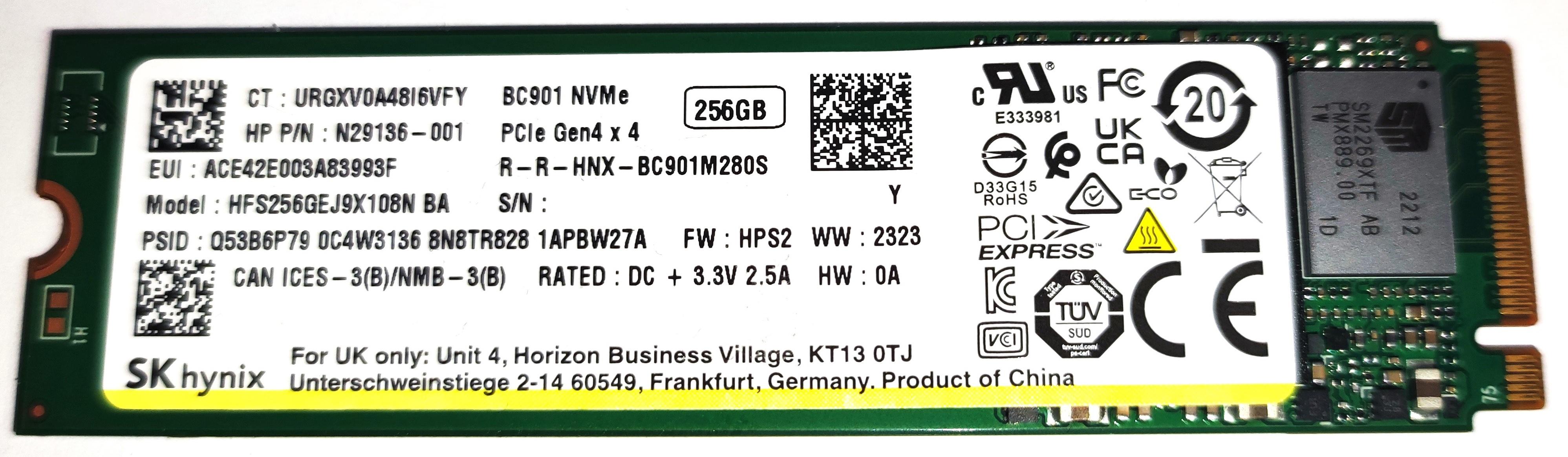 SKHYNIX SOLID STATE DRIVE SSD 256GB M.2 NVME HFS256GEJ9X108N OEM BULK